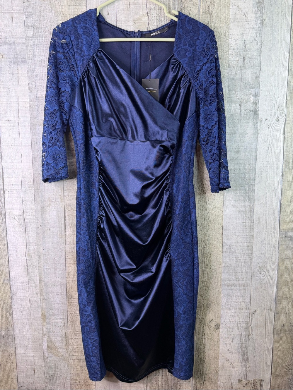 Miusol Large Blue Satin & Lace Dress 3/4 Lace Sleeves Surplice Peplum Design